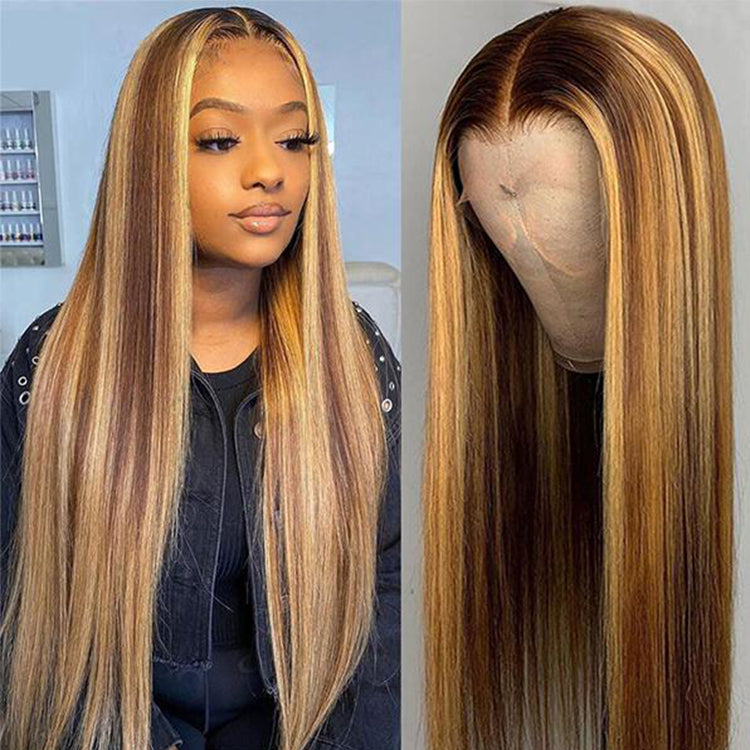 10A Highlight 4/27 Long Inch Lace Frontal Wigs Human Hair